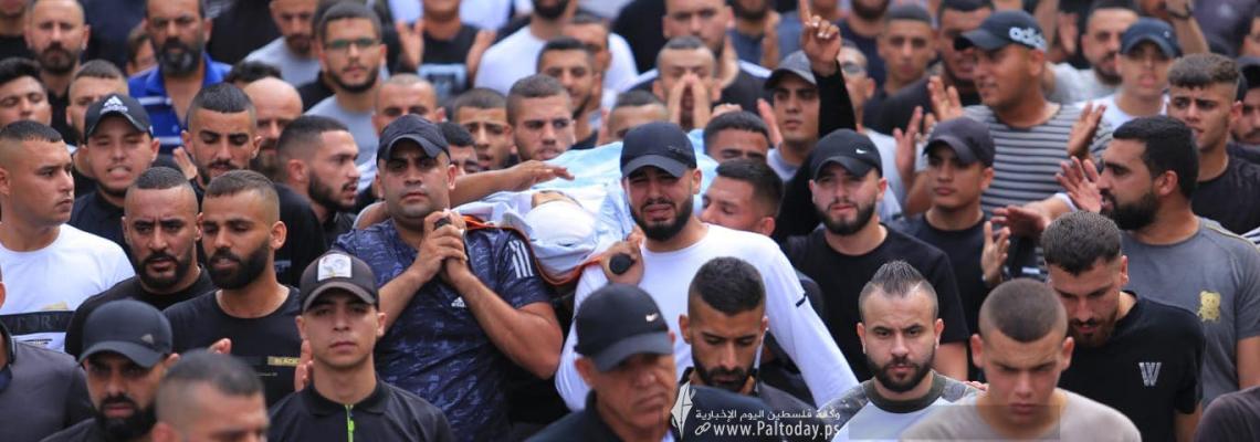 جانب من تشييع جثمانين الشهيدين محمود الصوص من جنين وأحمد دراغمة من طوباس، اللذين ارتقيا برصاص الاحتلال، صباح اليوم