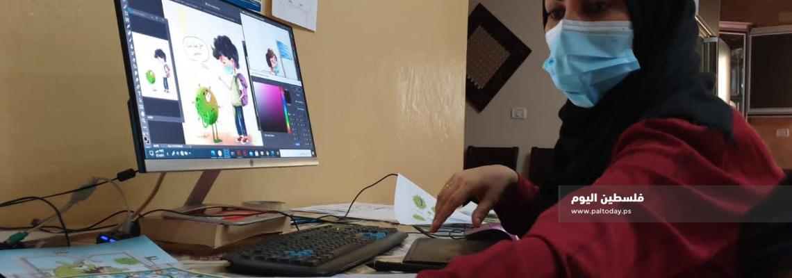 الفنانة نيفين أبو سليم من دير البلح تصمم رسومات تحاكي ألعاب الأطفال لتوعيتهم بخطورة فيروس كورونا