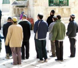 بالصور : مجموعة من اليهود المتطرفين خلال اقتحامهم لباحات الاقصى المبارك بحراسة الشرطة الاسرائيلية