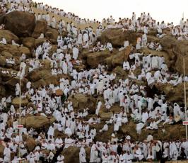 بالصور : ملايين الحجاج يبتهلون إلى الله بالدعاء على جبل الرحمة في عرفة