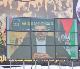 عشرات الالاف من شيوخ ونساء واطفال وقيادة الشعب الفلسطينى فى مهرجان الانطلاقة  الجهادية