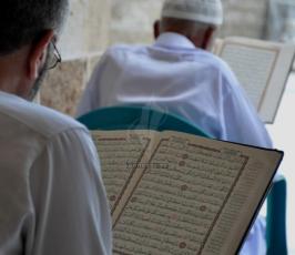 مواطنون من غزة يرتلون القراءن في المسجد العمري الكبير في الثامن من رمضان المبارك