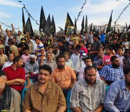 عشرات الالاف من شيوخ ونساء واطفال وقيادة الشعب الفلسطينى فى مهرجان الانطلاقة  الجهادية