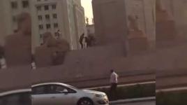 مصري يحاول تدمير تماثيل كباش "بمهدة" في ميدان التحرير