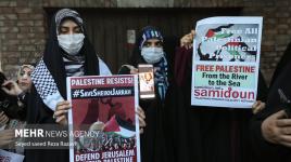 وقفة احتجاجية على مقتل شيرين أبو عاقلة أمام السفارة الفلسطينية في طهران ورفع الشعارات المنددة باعتداءات الاحتلال