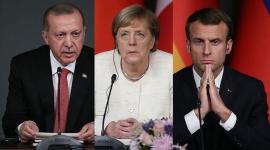 الرئيس التركي رجب طيب أردوغان ونظيره الفرنسي إيمانويل ماكرون والمستشارة الألمانية أنجيلا ميركل