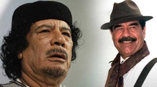 في يمين الصورة الرئيس العراقي السابق صدام حسين ويسارها الرئيس الليبي معمر القذافي (الصورة مركبة)