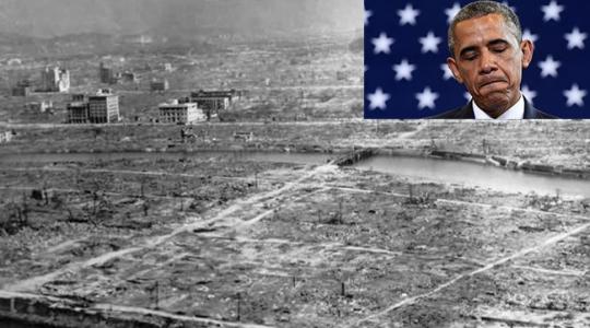 اوباما في يمين صورة تحمل جزءاً من الدمار الذي خلفته القنبلة النووية في مدينة هيروشيما اليابانية