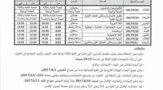 جدول امتحانات الفصل الدراسي الثاني في مدراس الاونروا