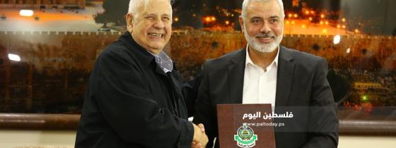 مؤتمر صحفي لرئيس المكتب السياسي لحماس اسماعيل هنية ورئيس لجنة الانتخابات حنا ناصر
