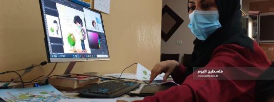الفنانة نيفين أبو سليم من دير البلح تصمم رسومات تحاكي ألعاب الأطفال لتوعيتهم بخطورة فيروس كورونا