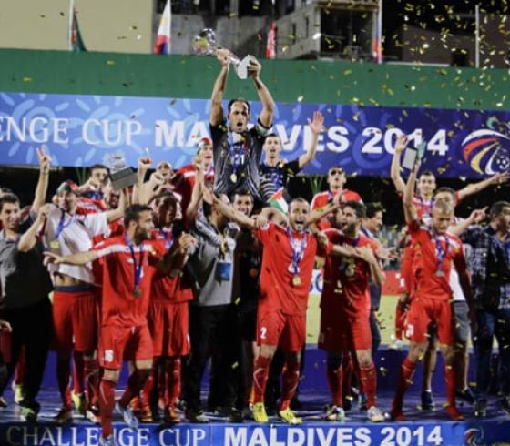 منتخب فلسطين خلال تتويجه ببطولة كأس التحدي الأسيوي 2014