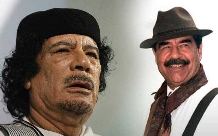 في يمين الصورة الرئيس العراقي السابق صدام حسين ويسارها الرئيس الليبي معمر القذافي (الصورة مركبة)