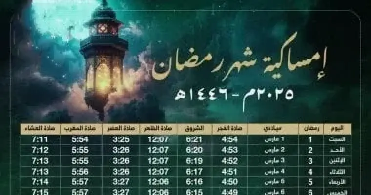 إمساكية شهر رمضان 2025- 1446 في فلسطين