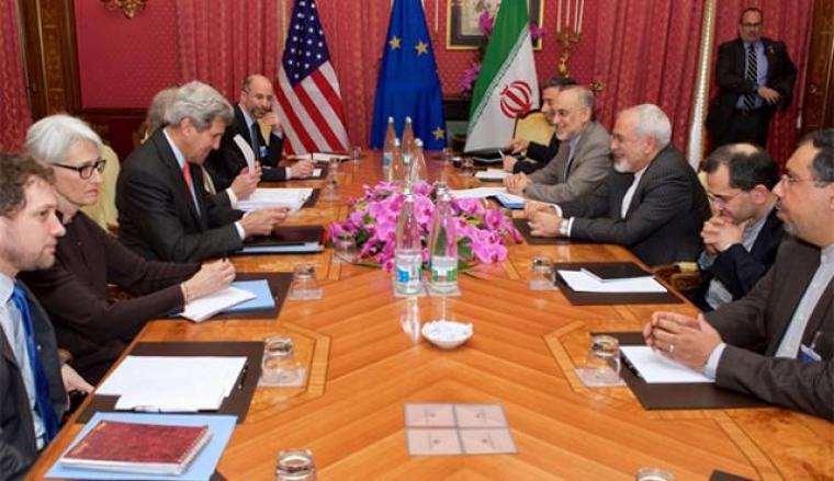 جانب من المحادثات بين ايران والدول 5+1 في سويسرا قبل توقيع الاتفاق (ارشيف)