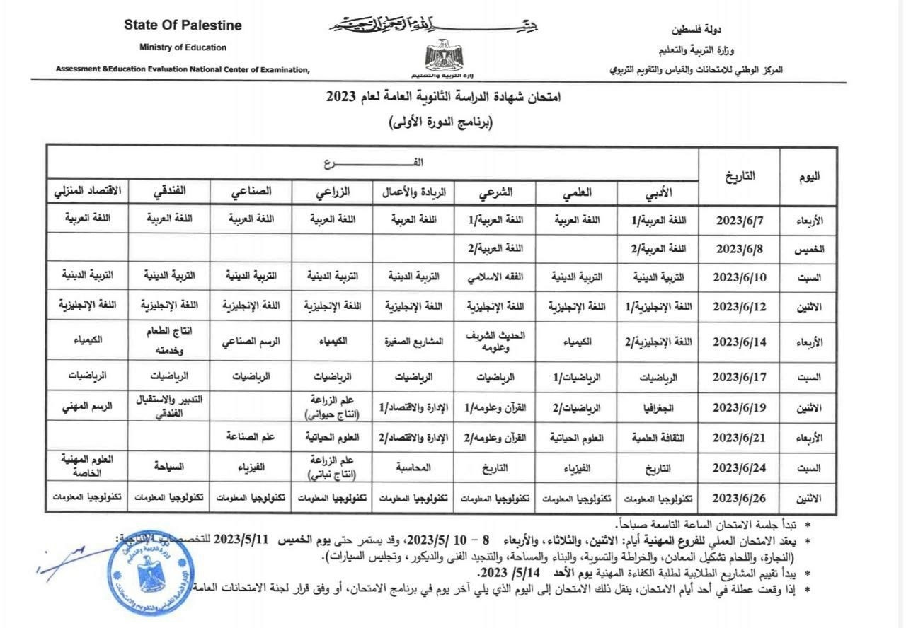 جدول امتحانات الثانوية العامة التوجيهي 2023