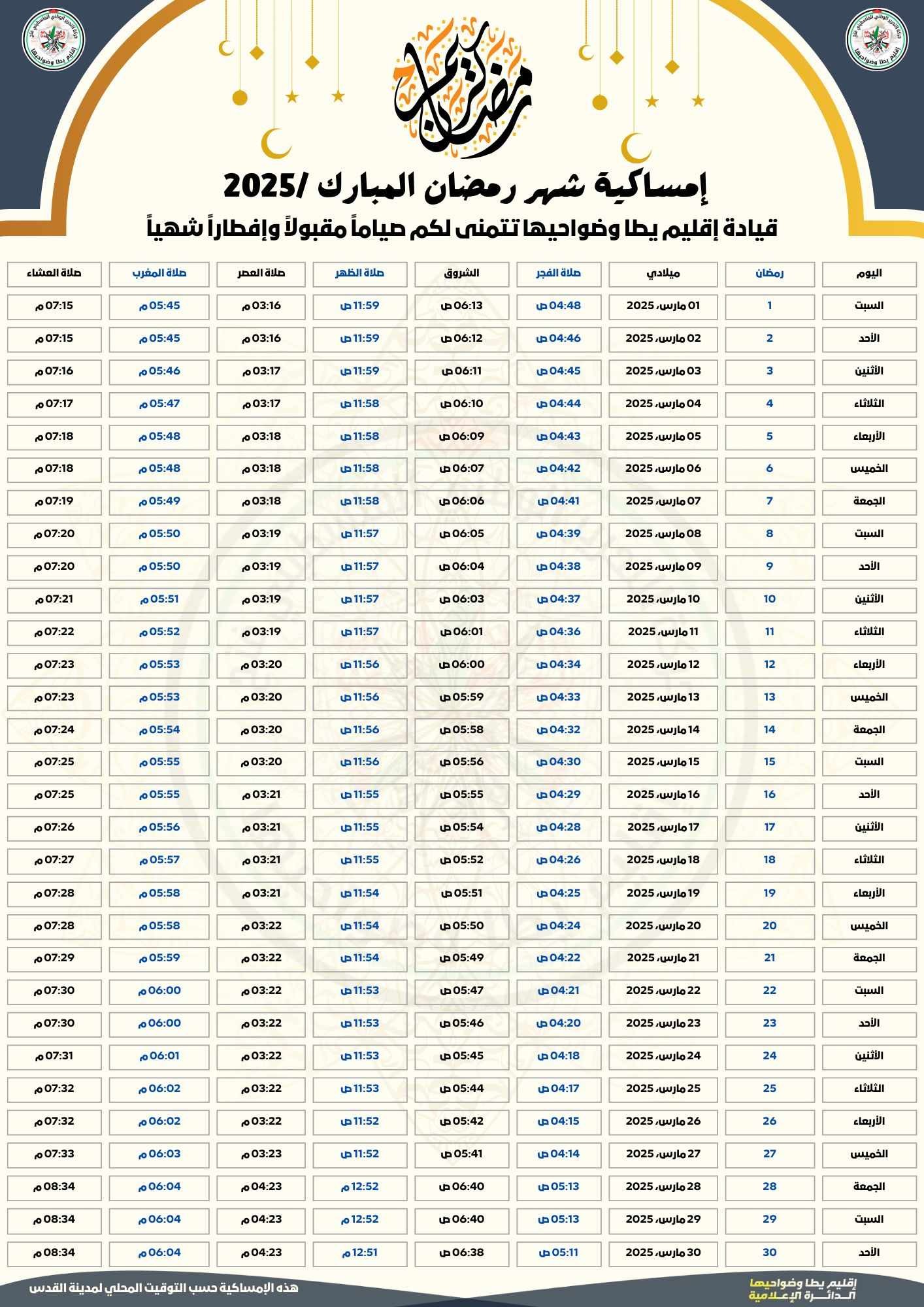 امساكية رمضان في فلسطين ١٤٤٦ هـ- 2025م