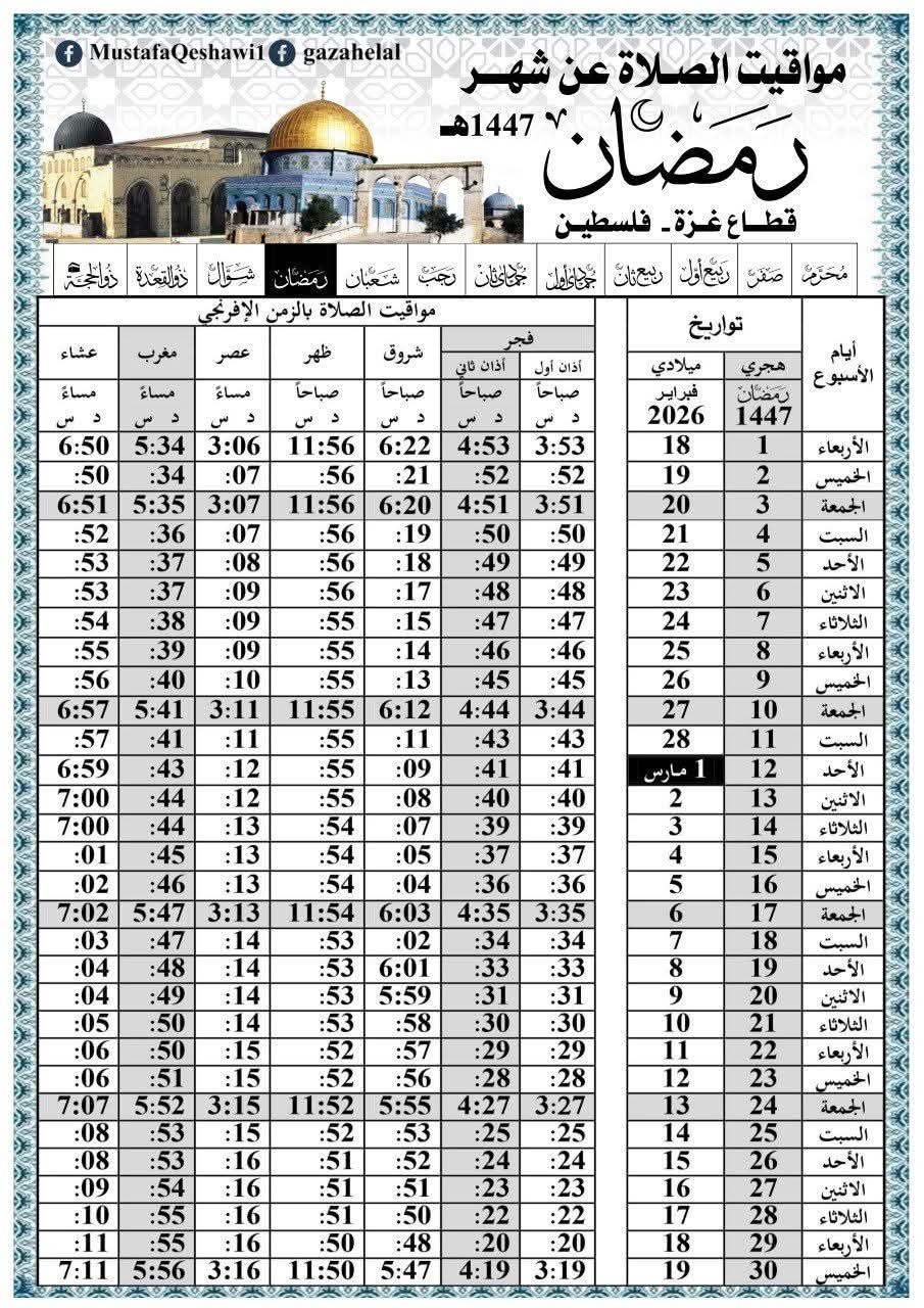 امساكية شهر رمضان 2026 في غزة كاملة ومحدثة اليوم