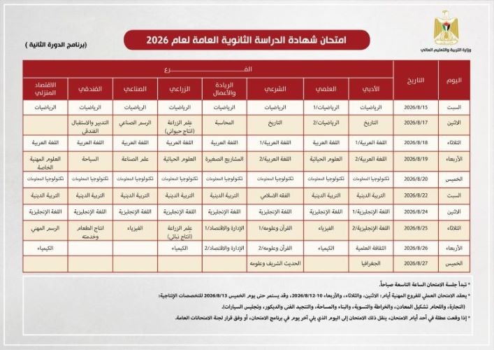 جدول امتحانات الدور الثانية