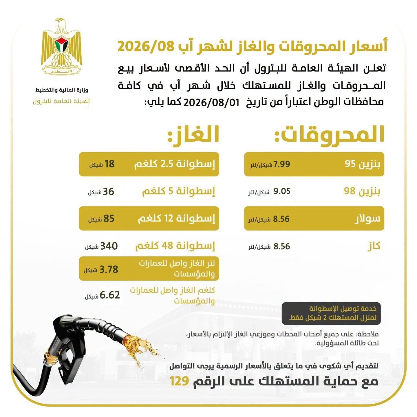 اسعار المفحروقات والغاز في الضفة لشهر اغسطس 2026
